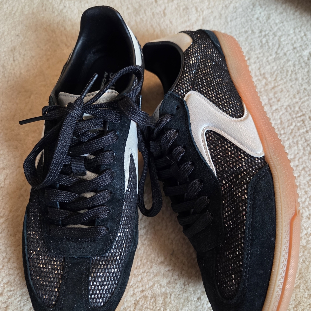 Skechers Black Glitter Mesh Sneakers with White Accents and Peach Sole